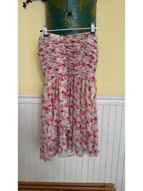 Wet Seal Floral Strapless Dress Medium Ruched Top & Layered Skirt Pink White